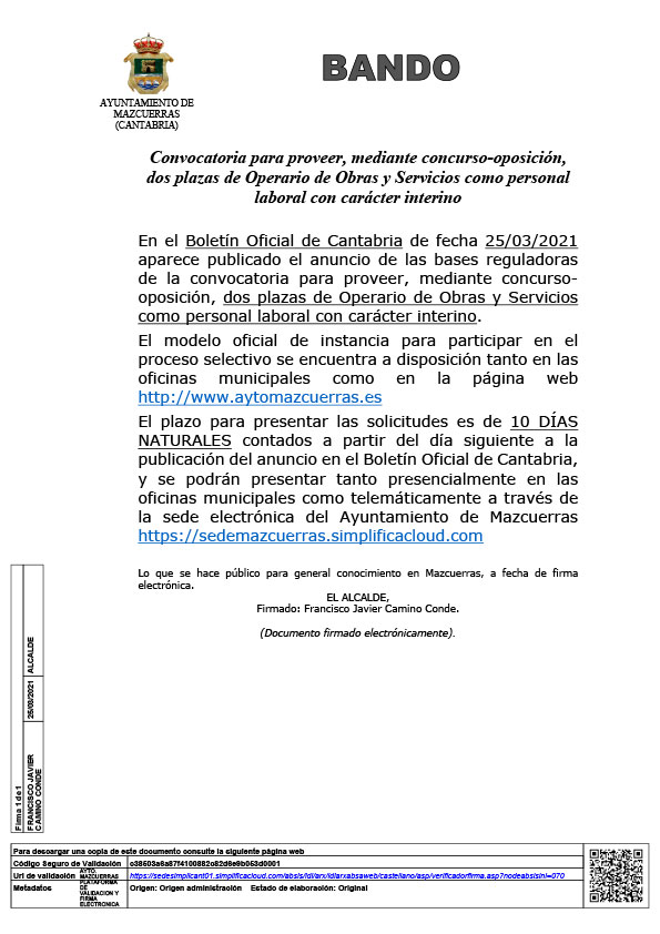 Convocatoria para proveer mediante concurso-oposición dos plazas de Operario de Obras y Servicios